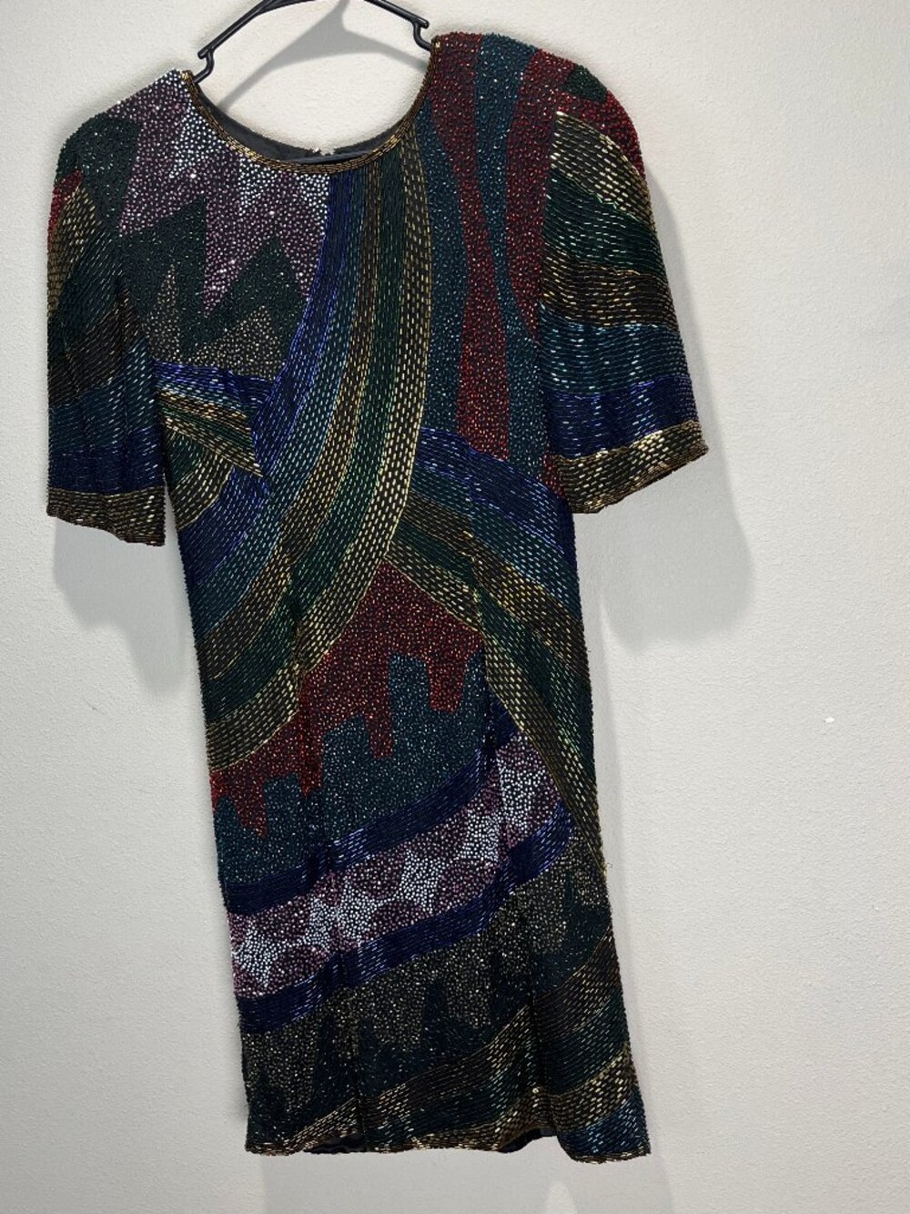 VTG 80’s Statement Fully Beaded Abstract Geometric Bodycon Silk Dress XS